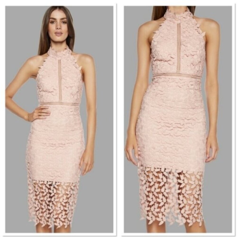 Bardot Women Blush Lace Gemma Nude Halter Sheath Dress Sz 10